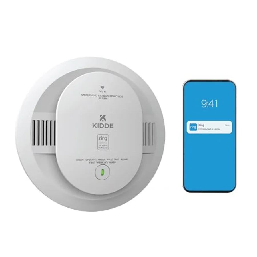 Smart smoke and carbon monoxide detector for home safety, ABS plastic, white, real-time notifications via Ring App and wire-fre
Smart smoke and carbon monoxide detector for home safety, ABS plastic, white, real-time notifications via Ring App and wire-fre