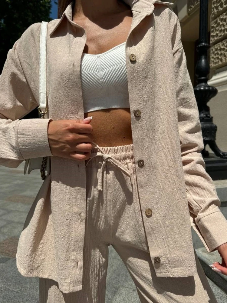 Fashion Solid Set For Women Casual Long Sleeve Turn-down Collar Shirt Tops+High Waist Wide Leg Pants 2 Pieces Sets Lady Clothes
Fashion Solid Set For Women Casual Long Sleeve Turn-down Collar Shirt Tops+High Waist Wide Leg Pants 2 Pieces Sets Lady Clothes