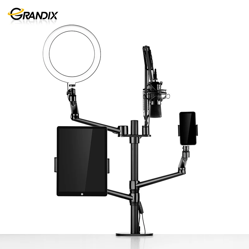 Ergonomics Height Adjustable Aluminum Alloy Phone Laptop Holder Stand and Lcd Arm and LED Ring Light Microphone Mount
Ergonomics Height Adjustable Aluminum Alloy Phone Laptop Holder Stand and Lcd Arm and LED Ring Light Microphone Mount