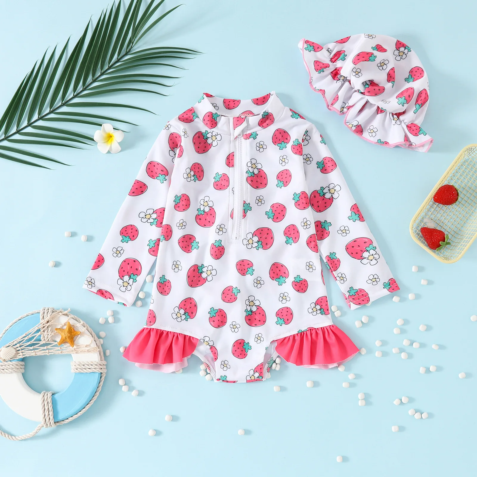 Baby Girl Full Printed Long Sleeved One-piece Swimsuit+hat Zipper Style Pleated Lace Design Integrated Swimsuit
Baby Girl Full Printed Long Sleeved One-piece Swimsuit+hat Zipper Style Pleated Lace Design Integrated Swimsuit