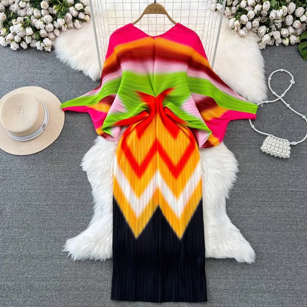 New Miyake Pleated Women's Summer V Neck Bawting Sleeve Irregular High Stretch Loose Pirnted Casual Holiday Party Dresses
New Miyake Pleated Women's Summer V Neck Bawting Sleeve Irregular High Stretch Loose Pirnted Casual Holiday Party Dresses