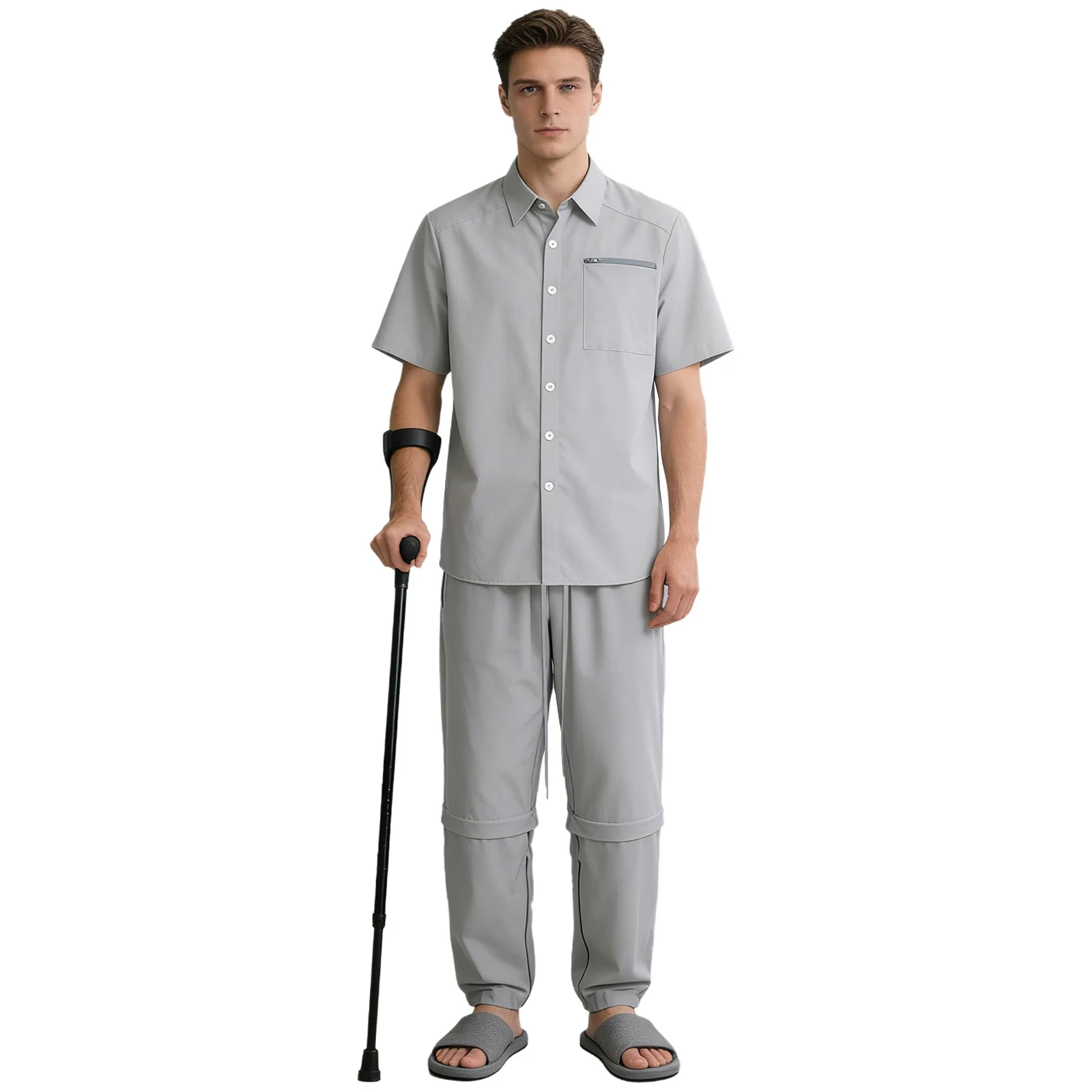 Mens 2pcs Adaptive Leg Surgery Nursing Set Short Sleeve Button-down Shirt Zipper Pockets Jogging Trouser with Tear-away Legs
Mens 2pcs Adaptive Leg Surgery Nursing Set Short Sleeve Button-down Shirt Zipper Pockets Jogging Trouser with Tear-away Legs