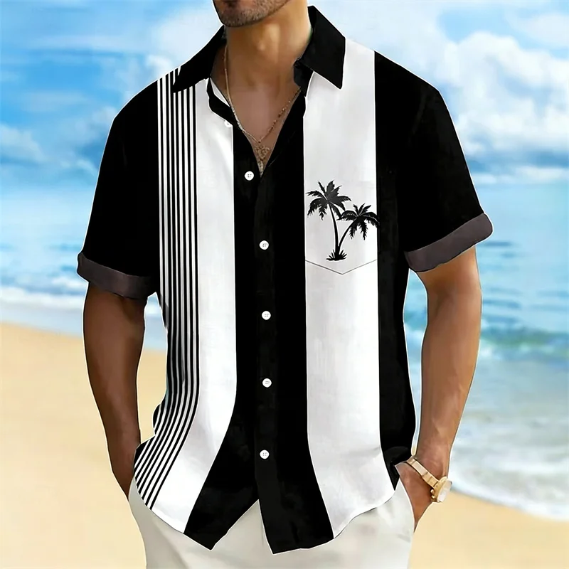 Summer Men's Shirt: Red and White Striped Short-Sleeve Shirt with Coconut Tree Print, Vacation Style, Casual Hawaiian Shirt
Summer Men's Shirt: Red and White Striped Short-Sleeve Shirt with Coconut Tree Print, Vacation Style, Casual Hawaiian Shirt