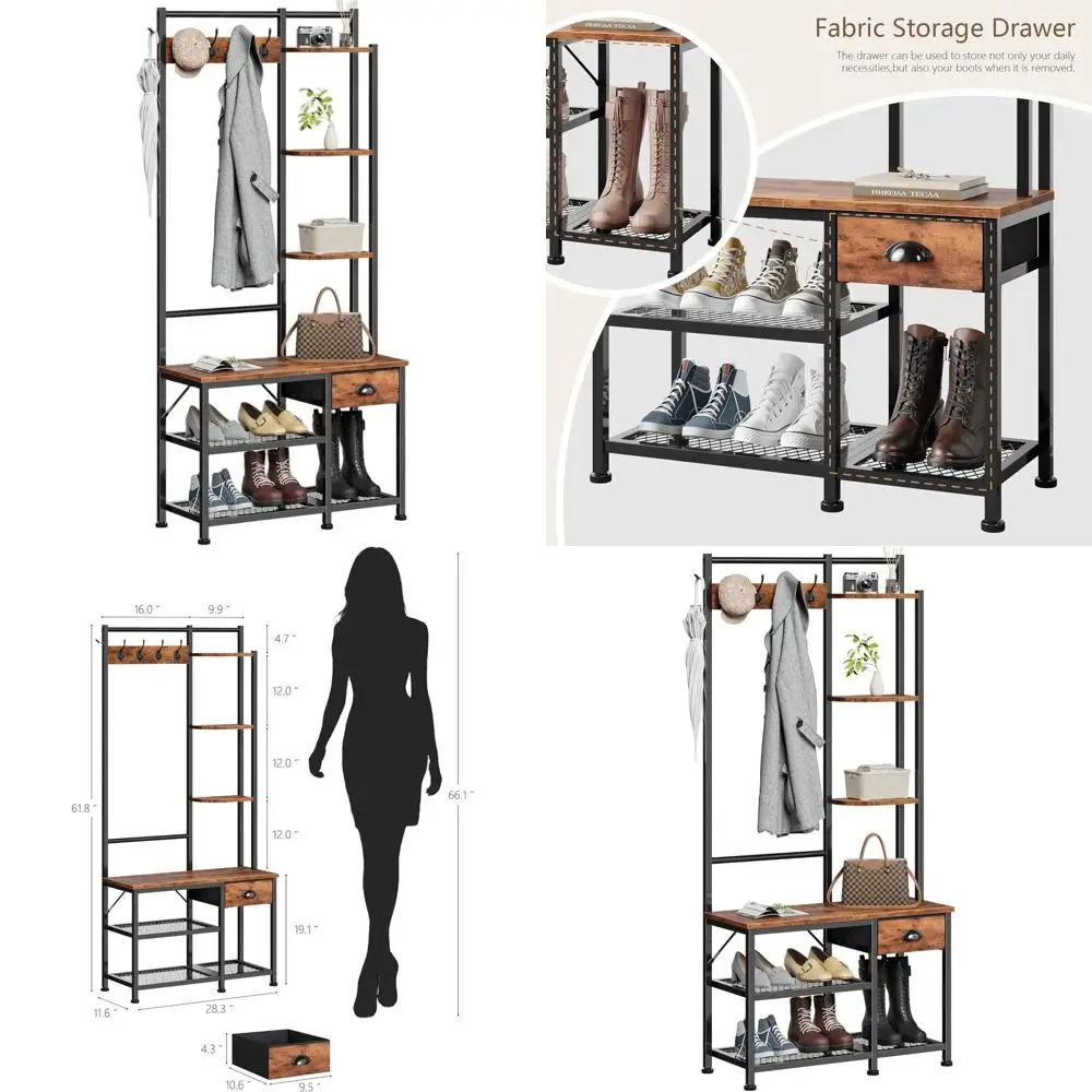 4-in-1 Entryway Bench with Coat Rack, 3 Shelves, Shoe Storage, and 5 Hooks in Rustic Brown
4-in-1 Entryway Bench with Coat Rack, 3 Shelves, Shoe Storage, and 5 Hooks in Rustic Brown