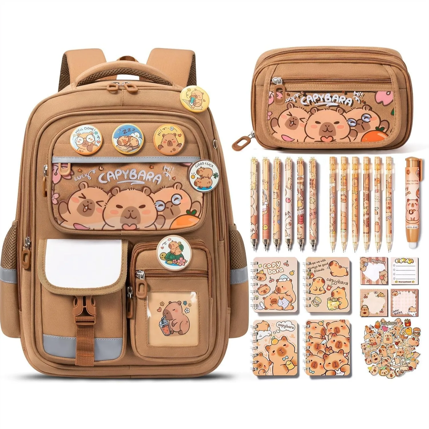 Capybara Backpack for School Girls, 28PCS Toddler School Supplies Stationery Set with Bookbag Pencil Case Pens Pencils Notebooks
Capybara Backpack for School Girls, 28PCS Toddler School Supplies Stationery Set with Bookbag Pencil Case Pens Pencils Notebooks
