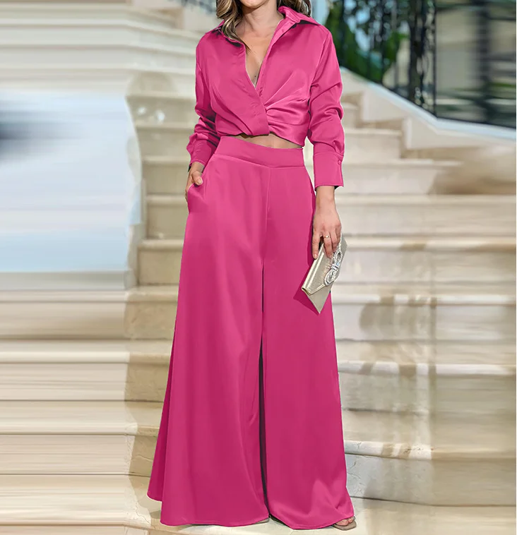 Fashion Lapel Pleated Long Sleeved Crop Top & High Waist Wide Leg Pocket Pants Set Spring Casual Sets for Women 2 Pieces
Fashion Lapel Pleated Long Sleeved Crop Top & High Waist Wide Leg Pocket Pants Set Spring Casual Sets for Women 2 Pieces