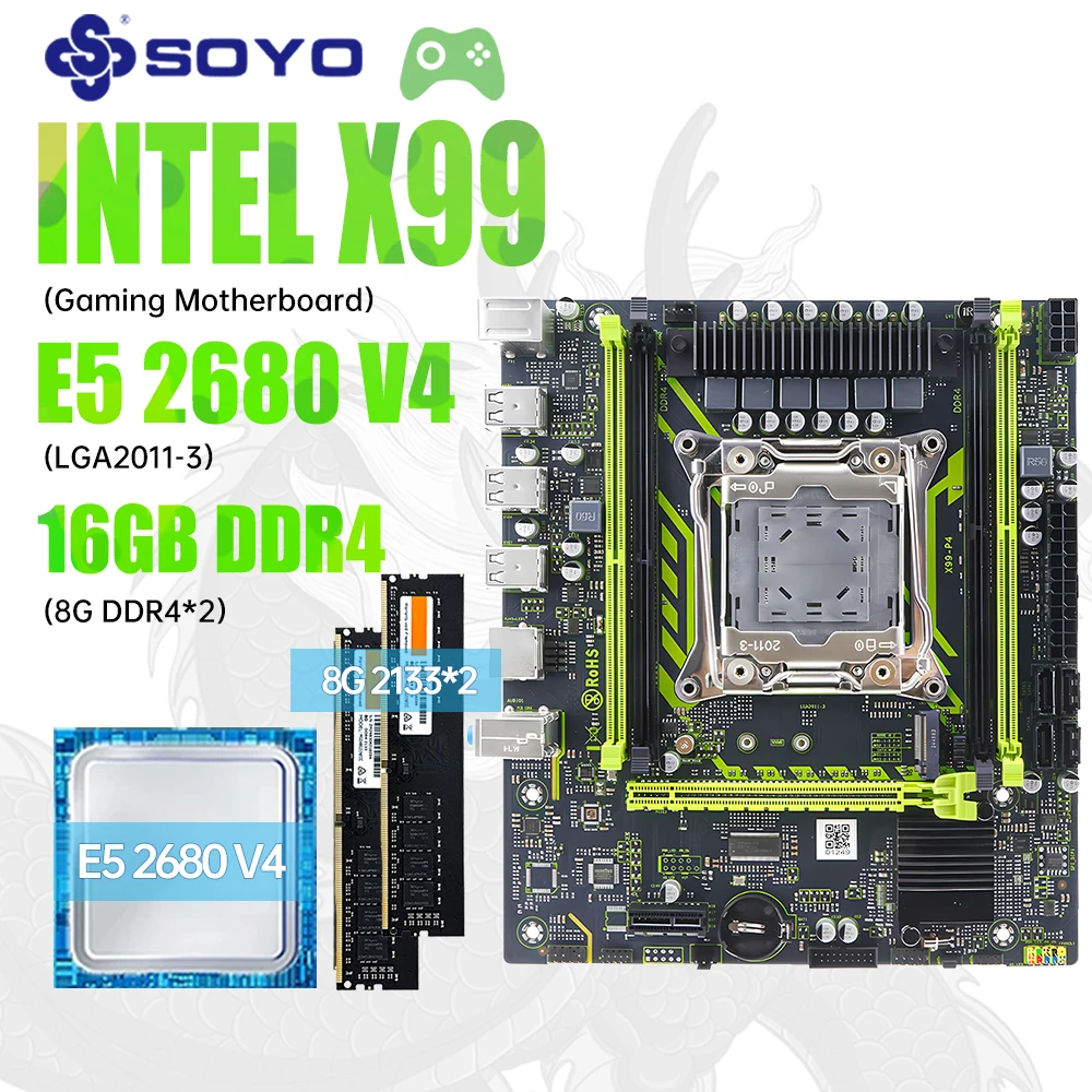 SOYO X99 Gaming Motherboard Kit & LGA2011-3 Xeon E5 2680 V4 DDR4 16GB (2*8GB) 2133MHz NVME M.2 NGFF SATA2.0 PCIE 3.0 X99 Combo
SOYO X99 Gaming Motherboard Kit & LGA2011-3 Xeon E5 2680 V4 DDR4 16GB (2*8GB) 2133MHz NVME M.2 NGFF SATA2.0 PCIE 3.0 X99 Combo