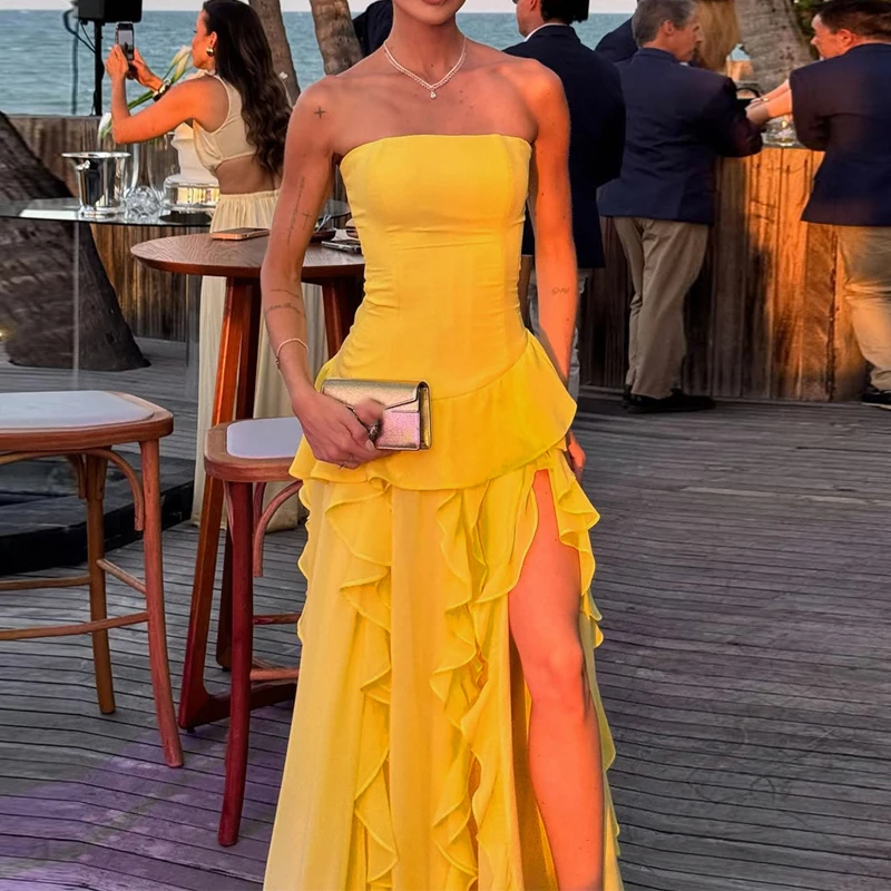 Sexy Strapless Split Evening Dress Fashion Personality Solid Slim Party Dress Women Elegant Sleeveless Irregular Ruffled Dress
Sexy Strapless Split Evening Dress Fashion Personality Solid Slim Party Dress Women Elegant Sleeveless Irregular Ruffled Dress
