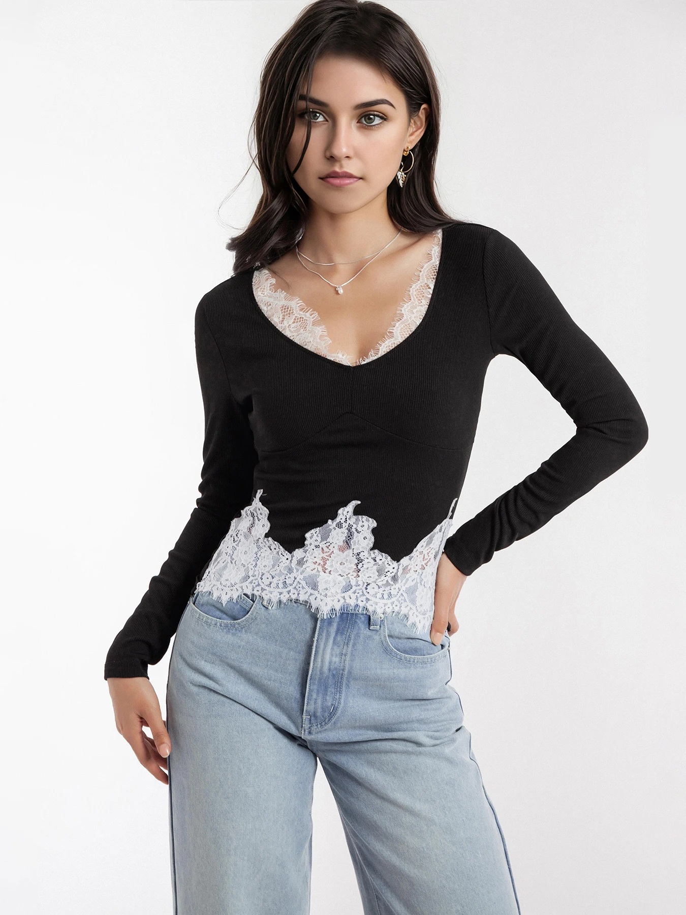 Elegant French Black Knitted Lace Splice Top Long Flare Sleeves Deep V-Neck Lace Trim Basic Sweet Women's Fashion Sexy Top
Elegant French Black Knitted Lace Splice Top Long Flare Sleeves Deep V-Neck Lace Trim Basic Sweet Women's Fashion Sexy Top