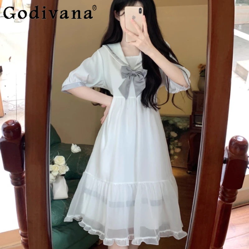 2025 Summer Plus Size Sweet Navy Collar Bow Gauze Fairy Dress Cute Lolita White High Waist A-line Short Sleeve Princess Dresses
2025 Summer Plus Size Sweet Navy Collar Bow Gauze Fairy Dress Cute Lolita White High Waist A-line Short Sleeve Princess Dresses