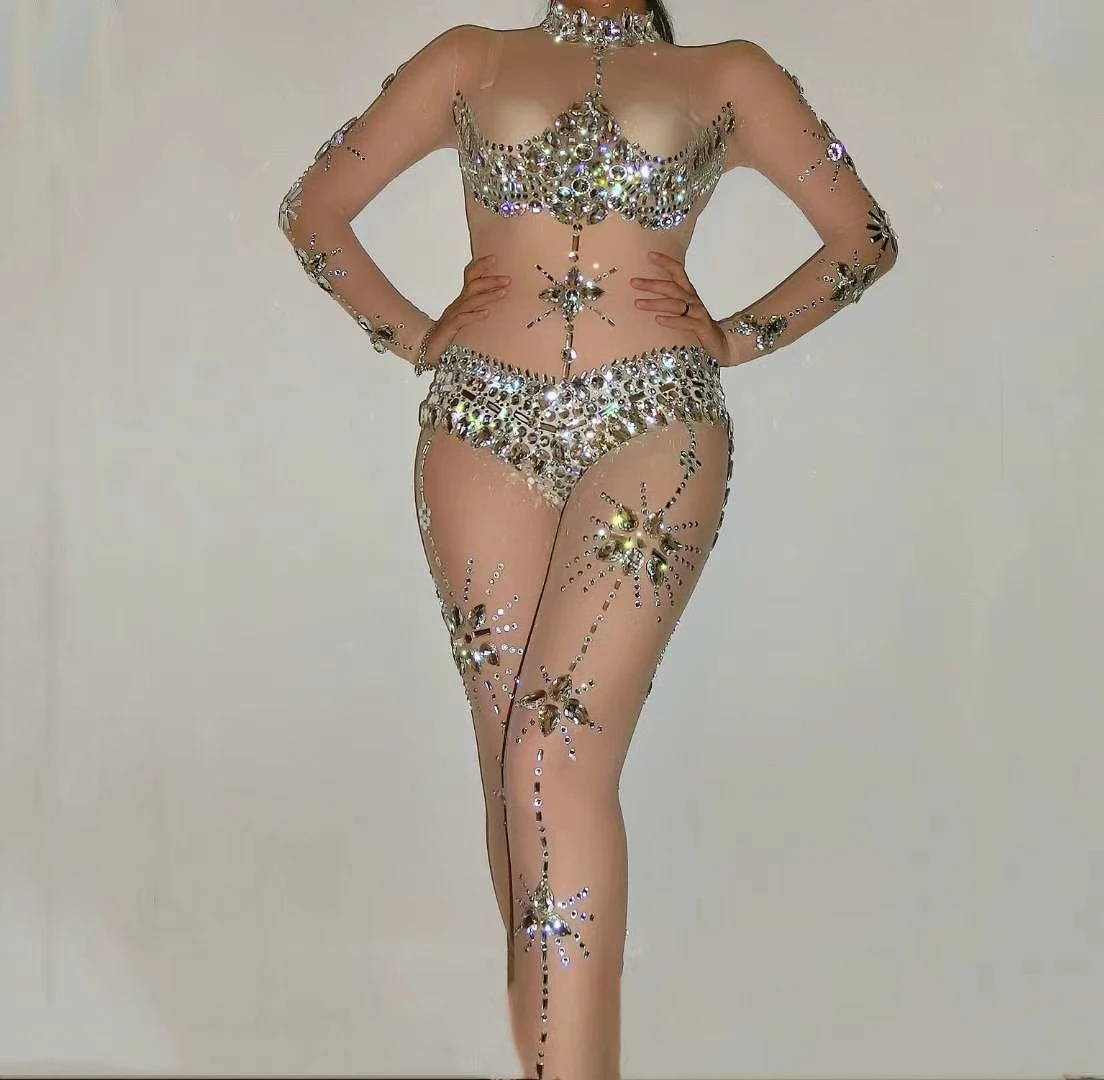 Sexy Perspective Crystal Jumpsuit Women Stretch Rhinestone Rompers Transparent Party Bodysuit Nightclub Singer Dancer Stage Wear
Sexy Perspective Crystal Jumpsuit Women Stretch Rhinestone Rompers Transparent Party Bodysuit Nightclub Singer Dancer Stage Wear