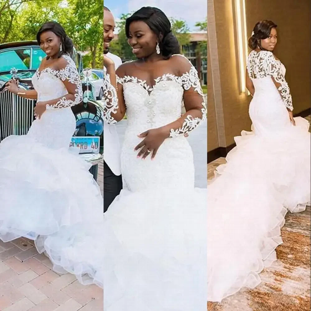 Customized African Luxury Mermaid Wedding Dresses Illusion Long Sleeves Lace Crystal Beads Organza Chapel Train Ruffles Tiered P
Customized African Luxury Mermaid Wedding Dresses Illusion Long Sleeves Lace Crystal Beads Organza Chapel Train Ruffles Tiered P