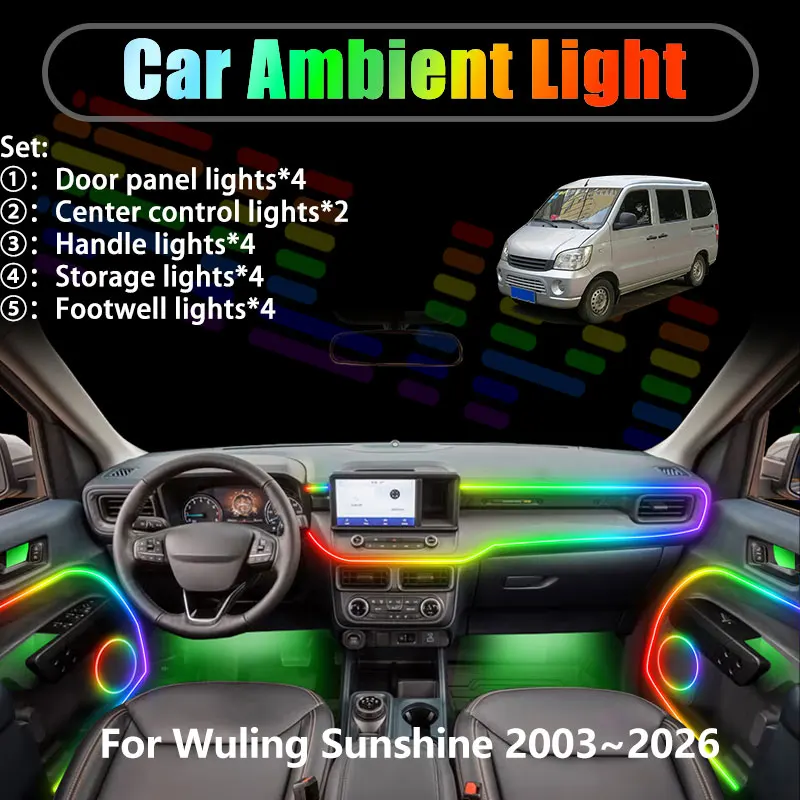 Для Wuling Sunshine 2003~2026 MK1 2004: Комплект светодиодной подсветки салона и багажника 2/18 в 1, USB RGB, с эффектом потока
Для Wuling Sunshine 2003~2026 MK1 2004: Комплект светодиодной подсветки салона и багажника 2/18 в 1, USB RGB, с эффектом потока