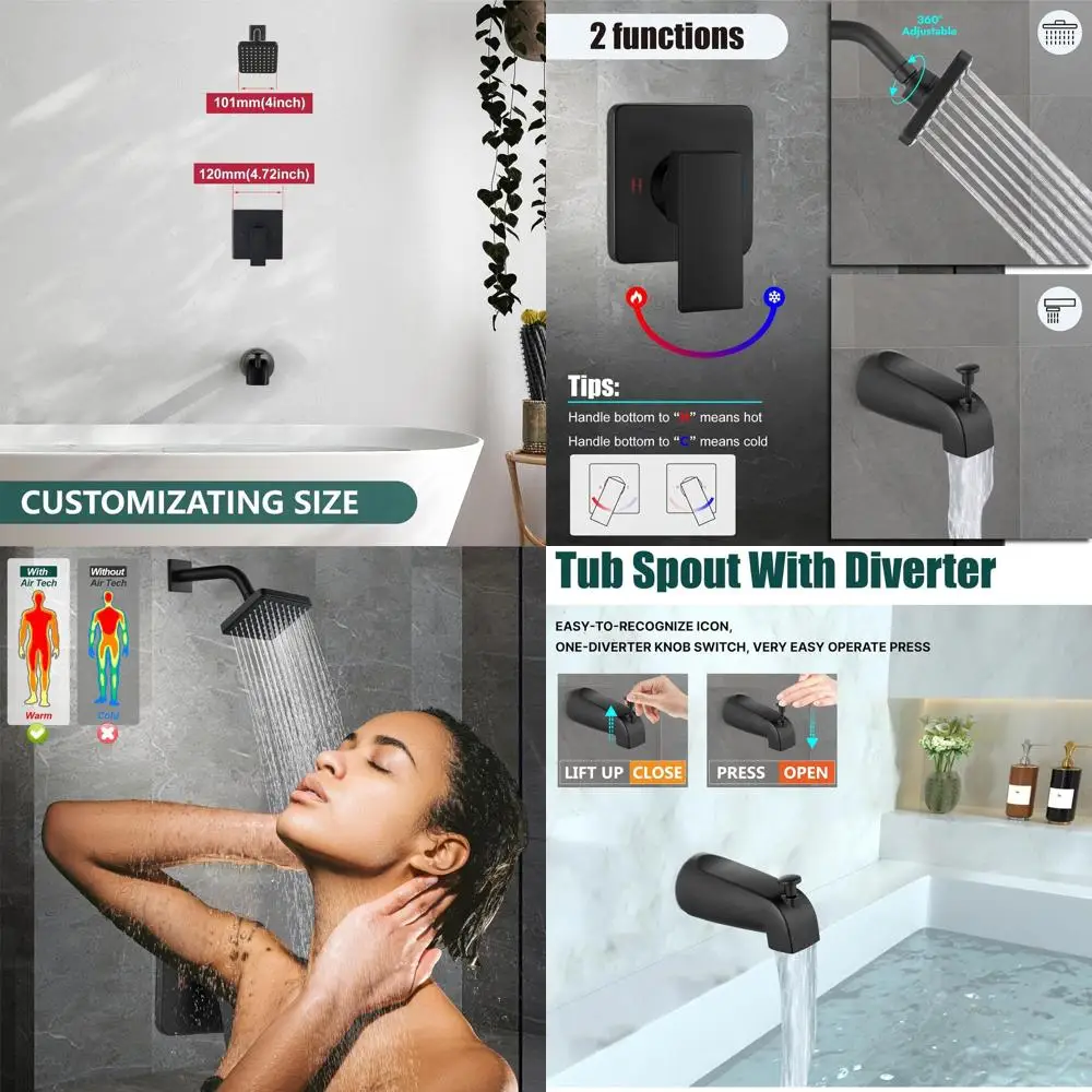 Matte Black Shower System with Single Handle, Tub Spout, and 4 Square ABS Showerhead
Matte Black Shower System with Single Handle, Tub Spout, and 4 Square ABS Showerhead