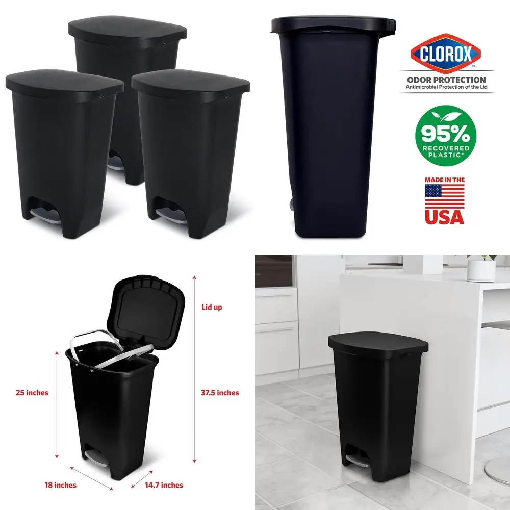 13-Gallon Plastic Trash Can with Step-On Pedal, Odor Control Lid, and Bag Rings, Black
13-Gallon Plastic Trash Can with Step-On Pedal, Odor Control Lid, and Bag Rings, Black