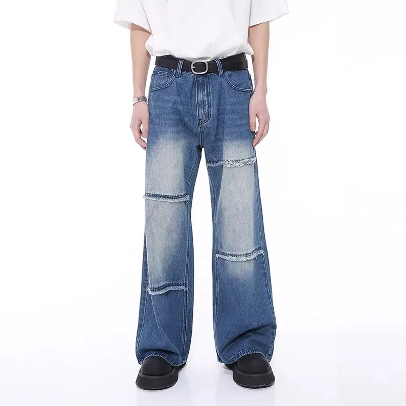 Niche raw edge design blue jeans for men and women, loose straight fit
Niche raw edge design blue jeans for men and women, loose straight fit