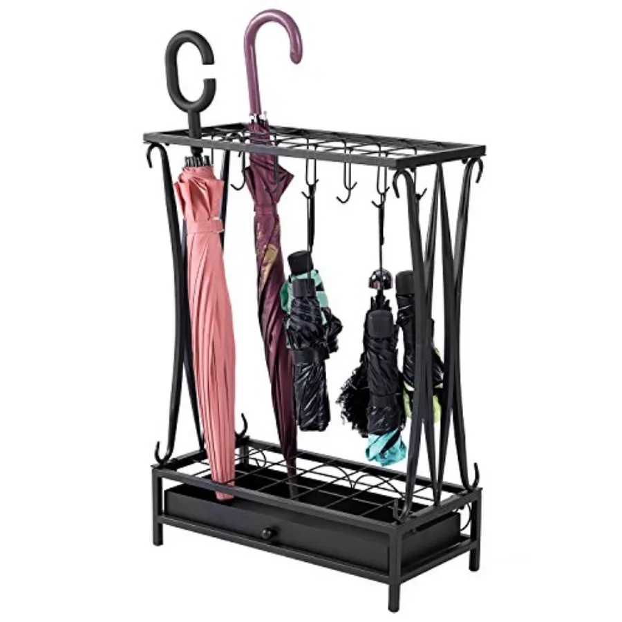Modern Black Metal Umbrella Rack with 21 Slots and 12 Hooks and Removable Base Drip Tray
Modern Black Metal Umbrella Rack with 21 Slots and 12 Hooks and Removable Base Drip Tray