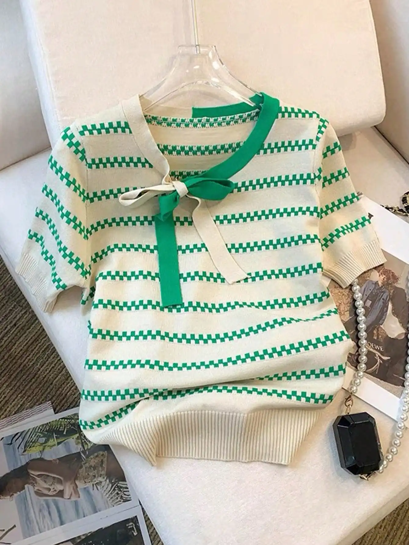 Cream & Green Striped Knit Top with Bowknot Neckline, Loose Fit Short Sleeve
Cream & Green Striped Knit Top with Bowknot Neckline, Loose Fit Short Sleeve