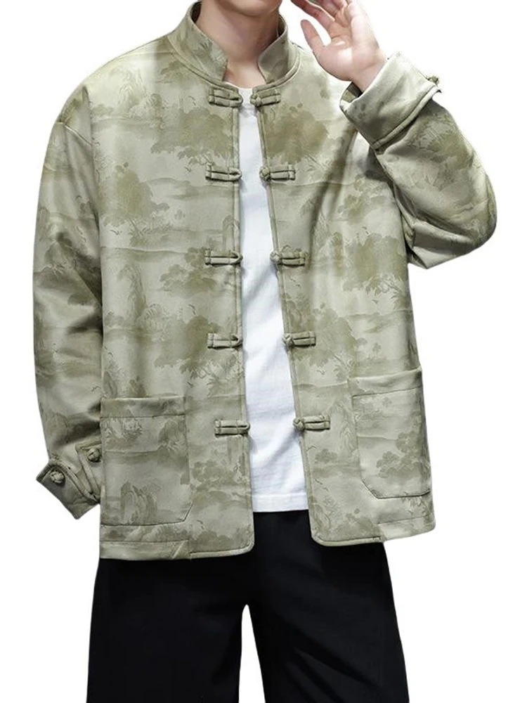 Мужской костюм Тан, джет, весна-осень, новый повседневный свободный топ с принтом горной воды и воротником-стойкой на пуговицах
Мужской костюм Тан, джет, весна-осень, новый повседневный свободный топ с принтом горной воды и воротником-стойкой на пуговицах