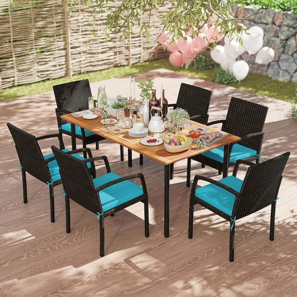 7-Piece Outdoor Dining Set: Acacia Wood Table with PE Rattan Chairs, Cushions, and Umbrella Hole for Patio, Garden, Backyard
7-Piece Outdoor Dining Set: Acacia Wood Table with PE Rattan Chairs, Cushions, and Umbrella Hole for Patio, Garden, Backyard