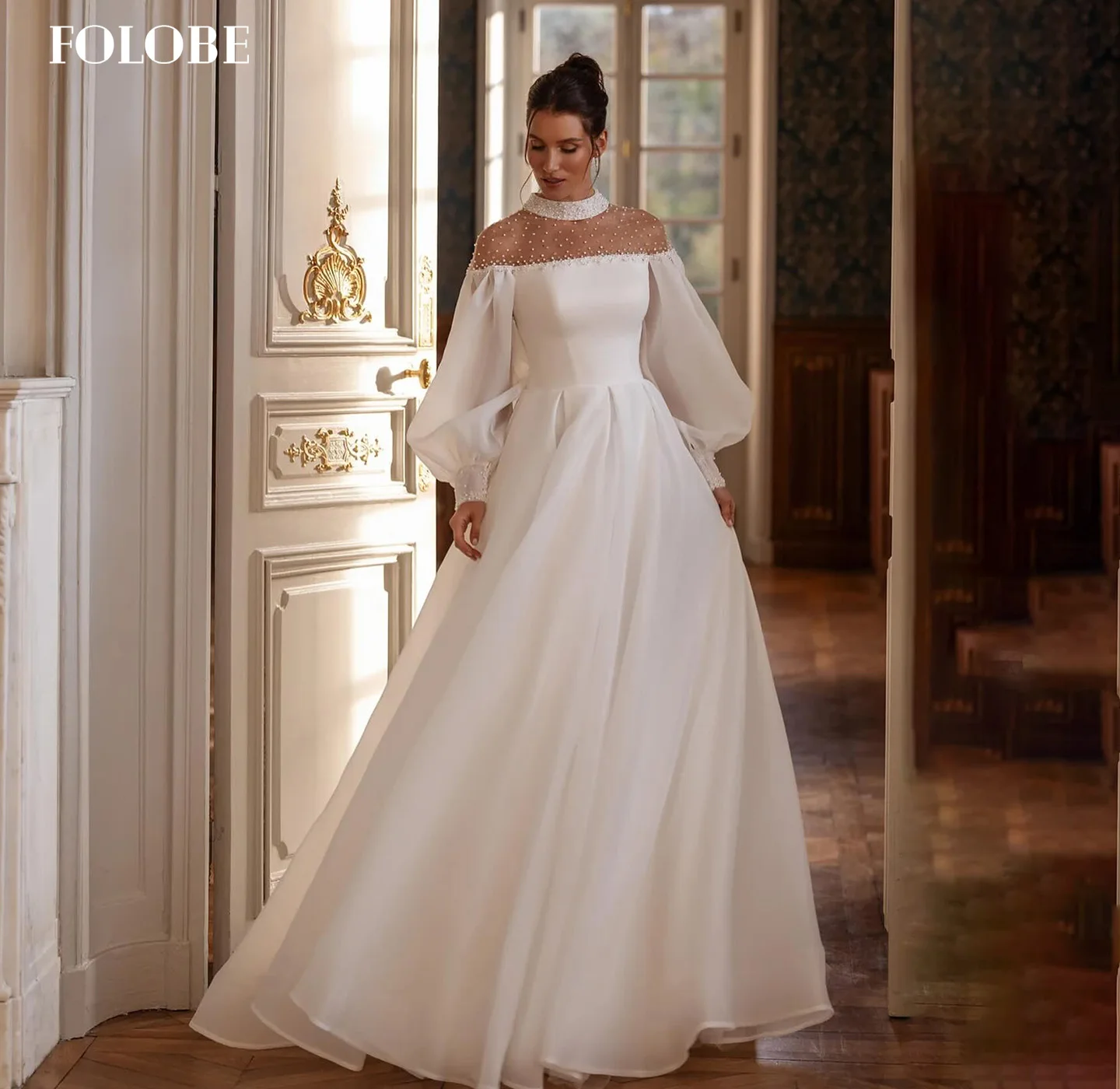 FOLOBE High Neck A-Line Puffy Sleeves with Pearls Beaded Bridal Ball Gown Wedding Dress Bride vestidos de noche Customized
FOLOBE High Neck A-Line Puffy Sleeves with Pearls Beaded Bridal Ball Gown Wedding Dress Bride vestidos de noche Customized