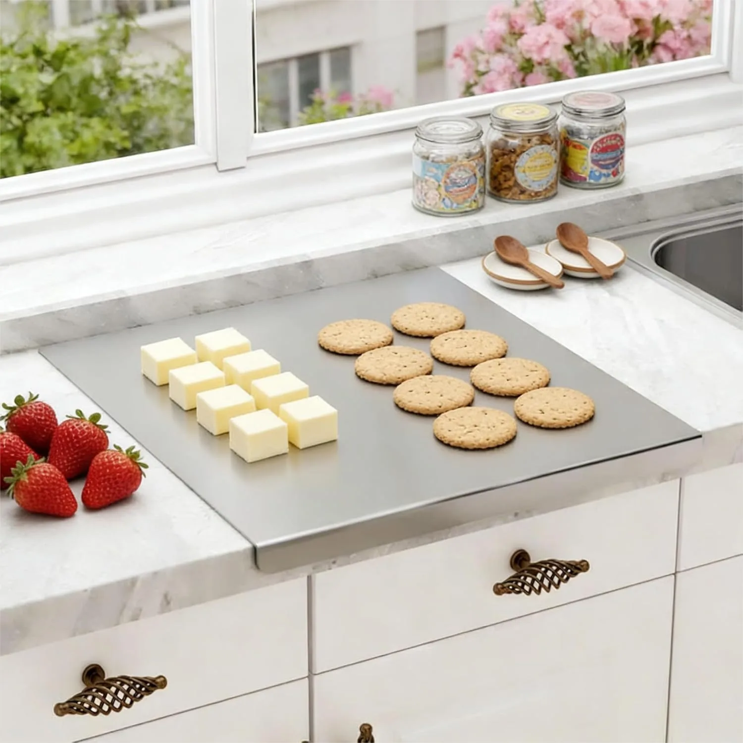 304 Stainless Steel Cutting Board 15.7x11.8 Inch L-Shaped with Lip Double-Sided for Meat Fruits Vegetables Bread
304 Stainless Steel Cutting Board 15.7x11.8 Inch L-Shaped with Lip Double-Sided for Meat Fruits Vegetables Bread