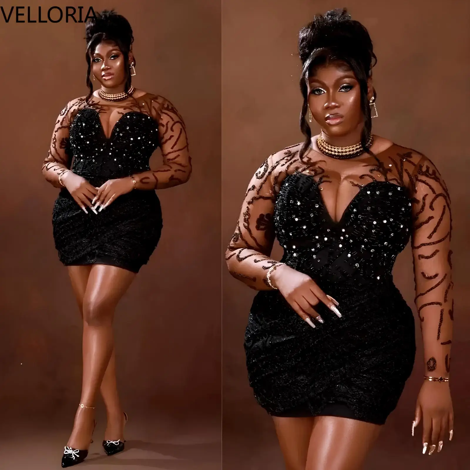 Black Lace Short Bodycon Party Dress Sheer Mesh Long Sleeve Beaded Evening Dress Cocktail Party Club Wear Plus Size Customized
Black Lace Short Bodycon Party Dress Sheer Mesh Long Sleeve Beaded Evening Dress Cocktail Party Club Wear Plus Size Customized