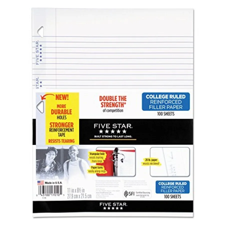Five Star Loose Leaf Paper + Study App, Notebook Paper, College Ruled Filler Paper, Reinforced, 8.5 x 11, 17010
Five Star Loose Leaf Paper + Study App, Notebook Paper, College Ruled Filler Paper, Reinforced, 8.5 x 11, 17010