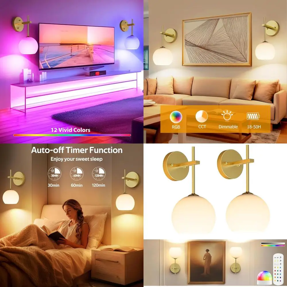 Pair of Rechargeable LED Wall Sconces with Remote, 3-Color RGB, Frosted Glass, Gold Finish for Home Decor
Pair of Rechargeable LED Wall Sconces with Remote, 3-Color RGB, Frosted Glass, Gold Finish for Home Decor