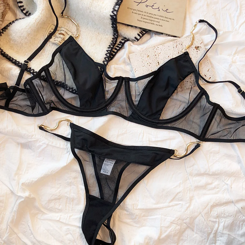 Sexy ultra-thin mesh bra briefs set chain spicy girl underwear set bra large breasts show small soft steel ring lingerie
Sexy ultra-thin mesh bra briefs set chain spicy girl underwear set bra large breasts show small soft steel ring lingerie