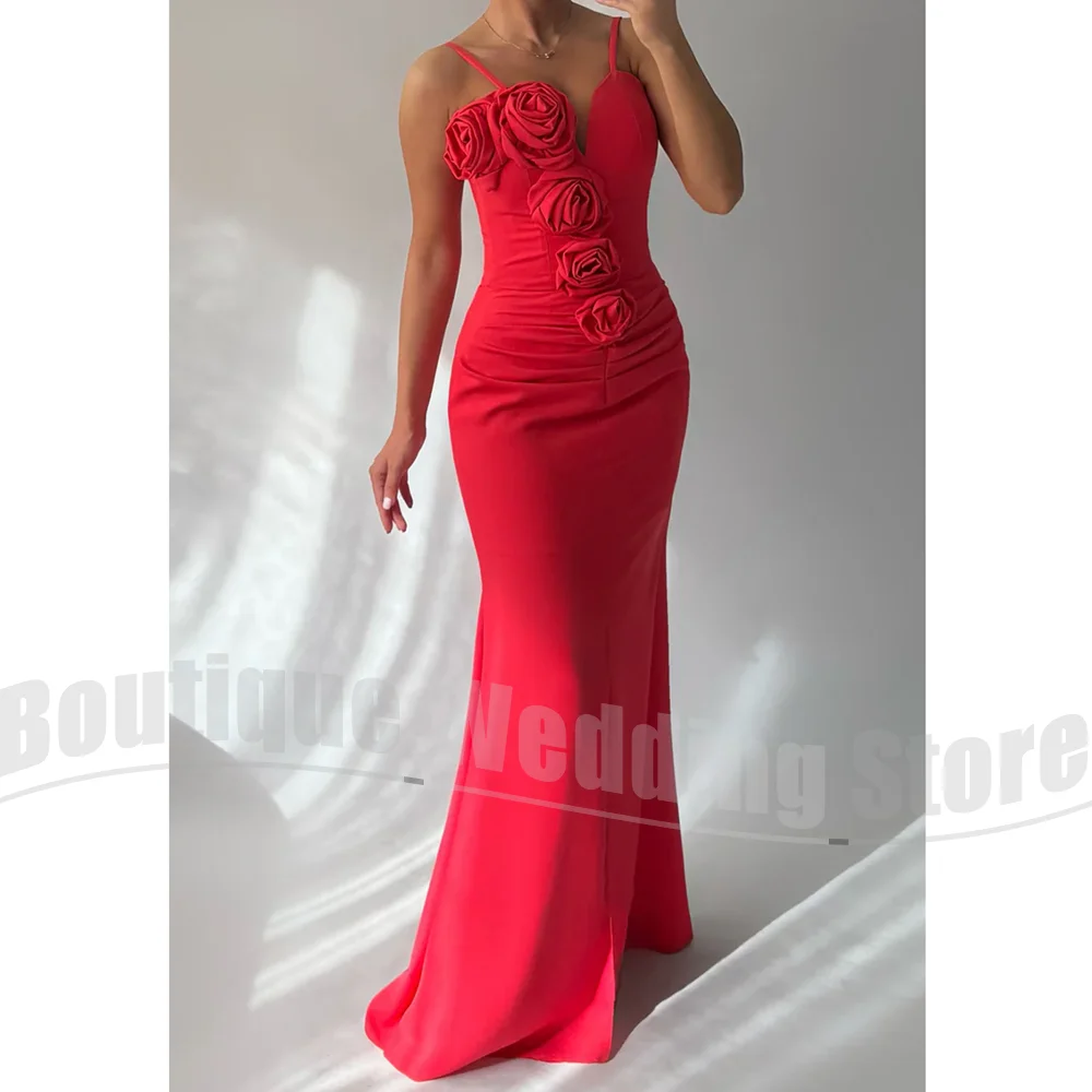 Красное вечернее платье на тонких бретельках с 3D розовыми аппликациями и вырезом в форме сердца Вечерние платья с рюшами Русалка длиной до пола, платье для выпускного вечера