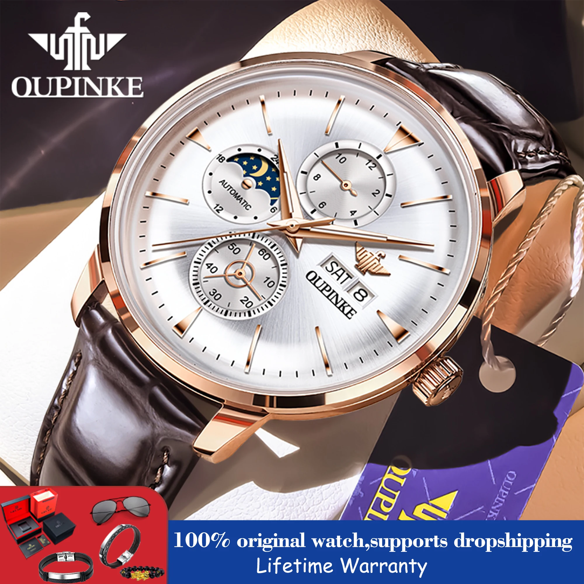 OUPINKE Watches For Man Multifunctional Mechanical Wristwatch Moon Phase Week Date 50M Waterproof Automatic Man Watches 3309
OUPINKE Watches For Man Multifunctional Mechanical Wristwatch Moon Phase Week Date 50M Waterproof Automatic Man Watches 3309
