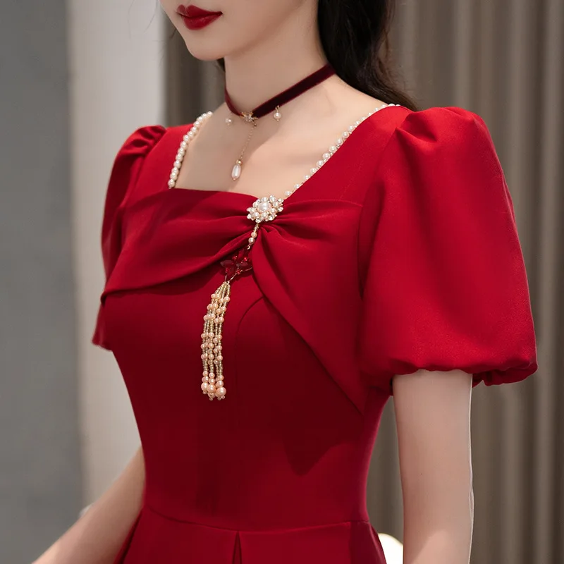 Wine Red Square Collar Bridal Engagement Dress Elegant Short Puff Sleeve Slim A-Line Toast Gown Female Formal Evening Dresses
Wine Red Square Collar Bridal Engagement Dress Elegant Short Puff Sleeve Slim A-Line Toast Gown Female Formal Evening Dresses