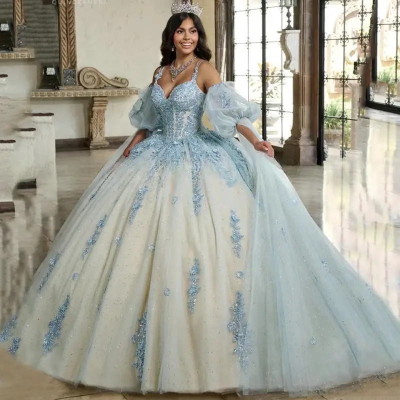 Charming V-Neck Spaghetti Strap Sequin Puff Sleeves Quinceanera Evening Dress 2024 Ball Gown Floor Length Sweep Train Prom Dress
Charming V-Neck Spaghetti Strap Sequin Puff Sleeves Quinceanera Evening Dress 2024 Ball Gown Floor Length Sweep Train Prom Dress