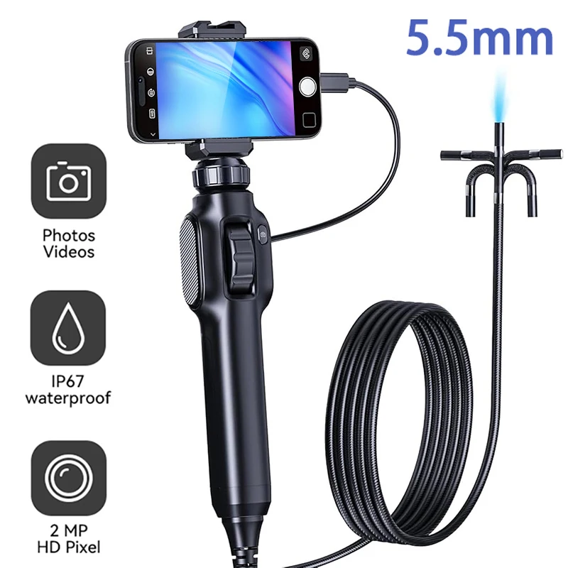 Industrial Endoscope Camera 5.5MM Lens Two-Way 360° Articulating Borescope 1080P Camera IP67 Waterproof Probe For Android/iOS