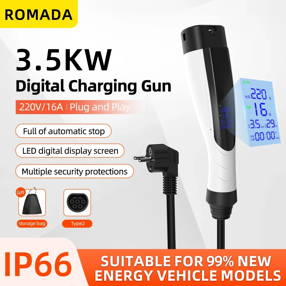 ROMADA NEW 3.5KW 16A Portable EV Charger IP66 Waterproof With Display 3M-10M Cable IEC62196 TYPE2 EVSE EU Plug Fast Charging CE
ROMADA NEW 3.5KW 16A Portable EV Charger IP66 Waterproof With Display 3M-10M Cable IEC62196 TYPE2 EVSE EU Plug Fast Charging CE