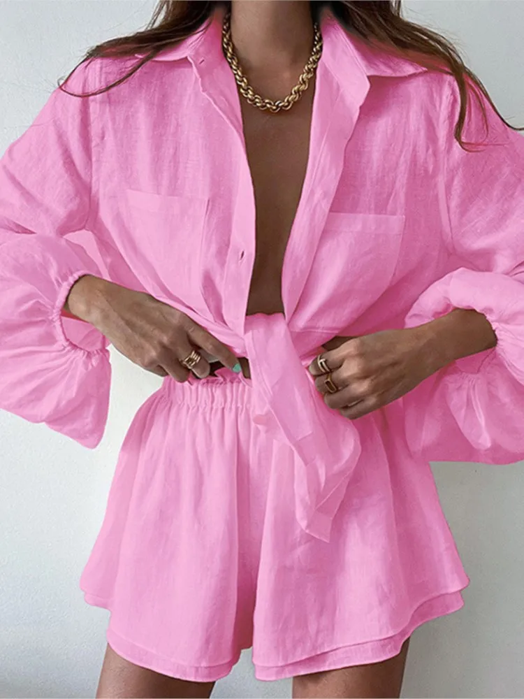 Women Short 2 Two Piece Set Solid Color Long Sleeve Shirt Ruffle Shorts Ladies Outfits Fashion Casual Beach Vacation Suit Female
Women Short 2 Two Piece Set Solid Color Long Sleeve Shirt Ruffle Shorts Ladies Outfits Fashion Casual Beach Vacation Suit Female