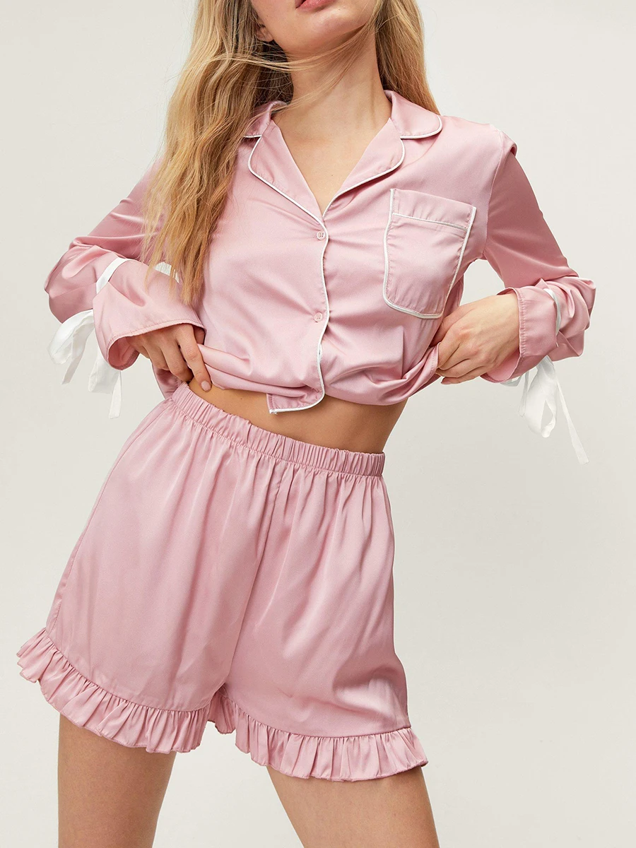New Women Pajama Set Long Sleeve Tie-Up Contrast Color Shirt With Shorts Sleepwear Loungewear Hot Sale S-XL
New Women Pajama Set Long Sleeve Tie-Up Contrast Color Shirt With Shorts Sleepwear Loungewear Hot Sale S-XL