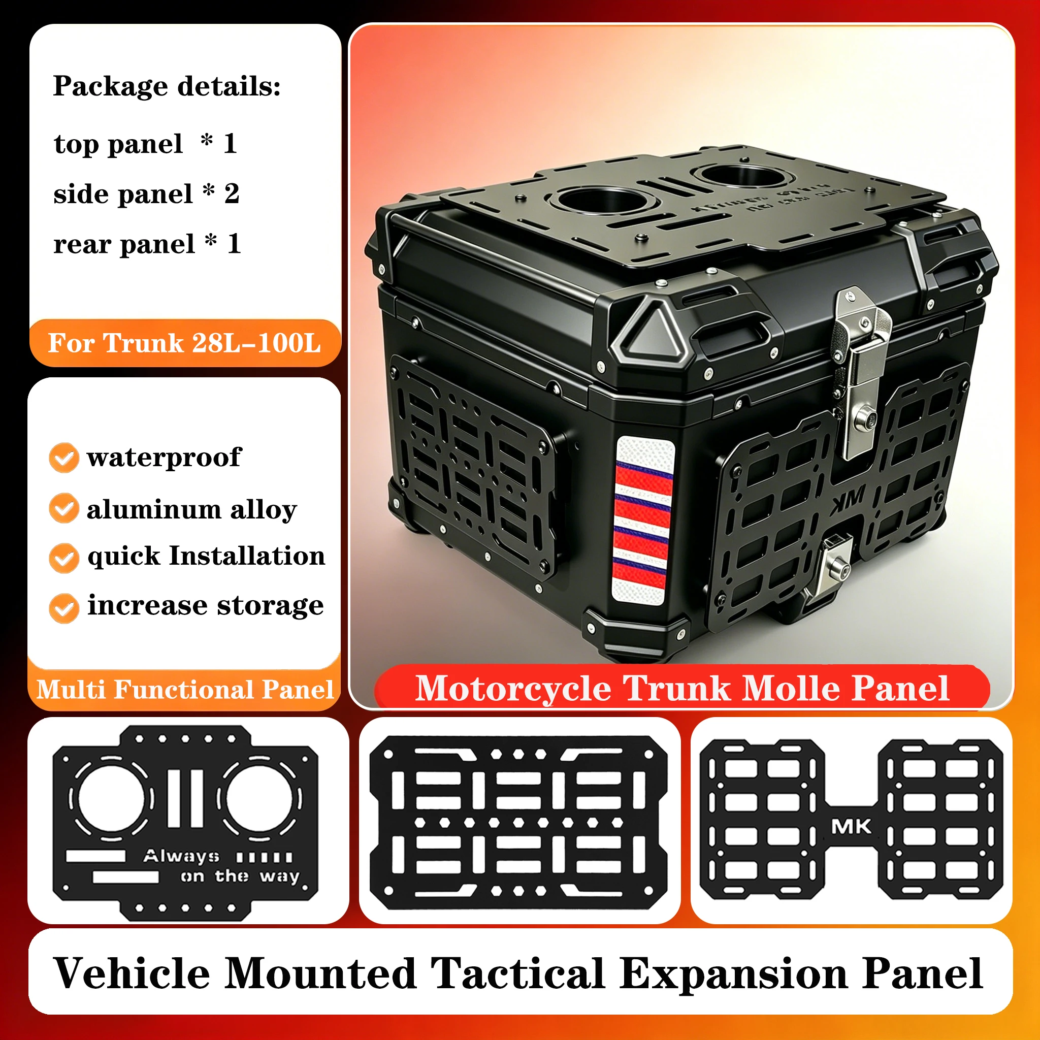 Motorcycle Molle Panel Modular Organizer Storage Quick-Mounting Universal Trunk Tail Box Multi Functional Tactical Panel Suite
Motorcycle Molle Panel Modular Organizer Storage Quick-Mounting Universal Trunk Tail Box Multi Functional Tactical Panel Suite