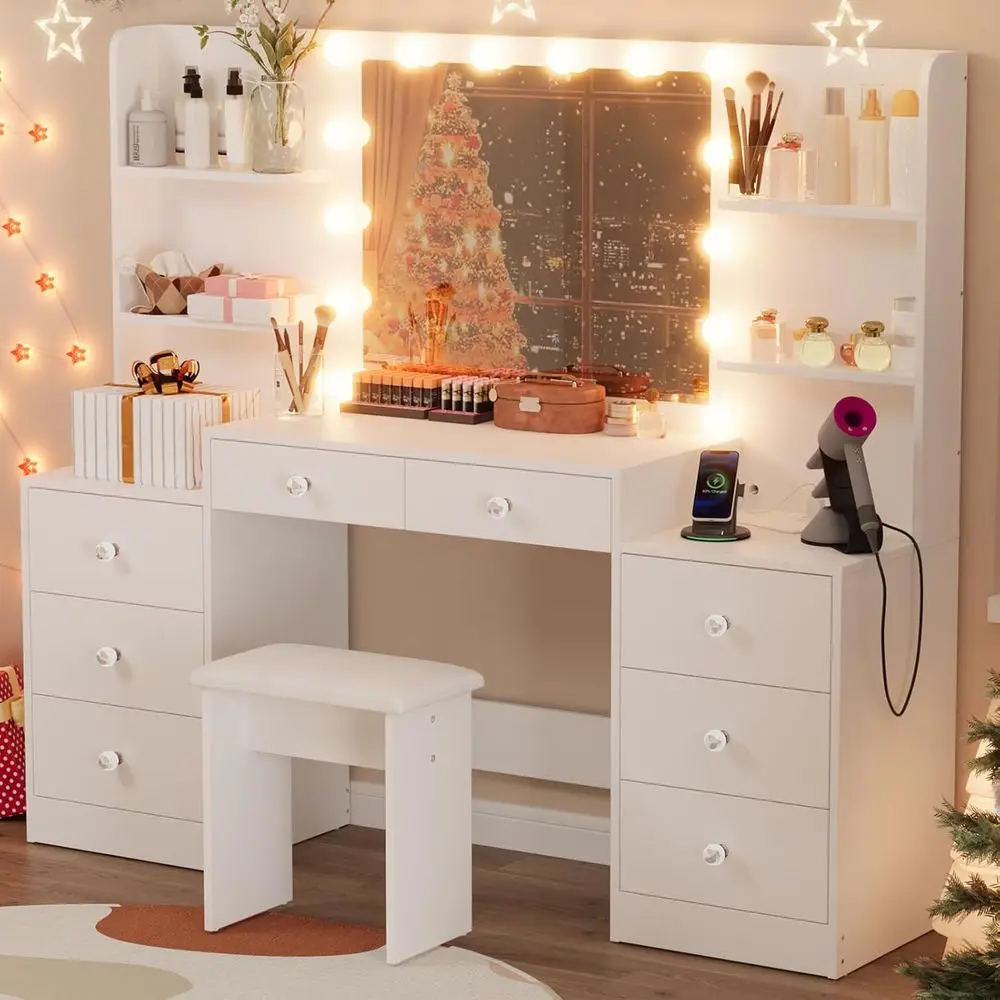 Illuminated Mirror Vanity Desk with Power Outlet, Stool, Drawers & Open Shelves, Makeup Table for Women, White Bedroom Makeup De
Illuminated Mirror Vanity Desk with Power Outlet, Stool, Drawers & Open Shelves, Makeup Table for Women, White Bedroom Makeup De