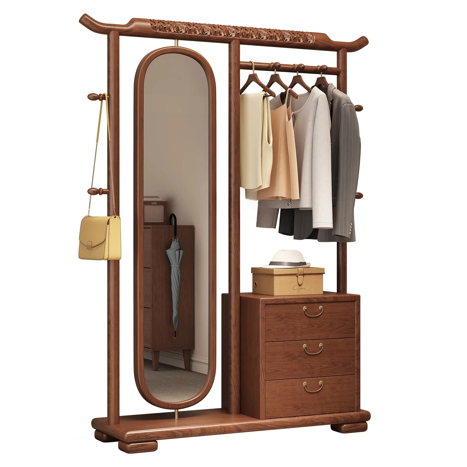 New Chinese-style solid wood hanger floor-to-ceiling bedroom household with rotating mirror integrated coat rack
New Chinese-style solid wood hanger floor-to-ceiling bedroom household with rotating mirror integrated coat rack