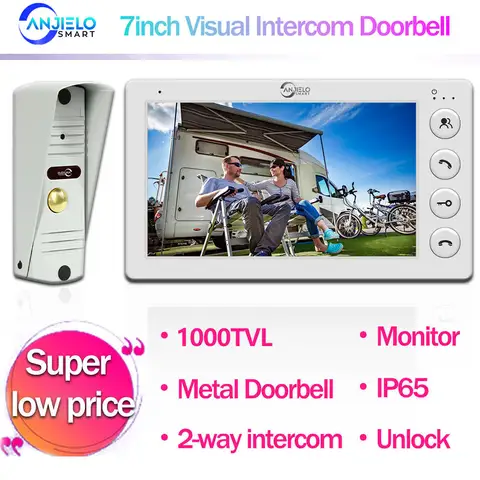 ANJIELO 4 Wired 7inch Video Doorbell Intercom System for Home Video Entry Phone IP65 Outdoor Metal Doorbell 1000TVL