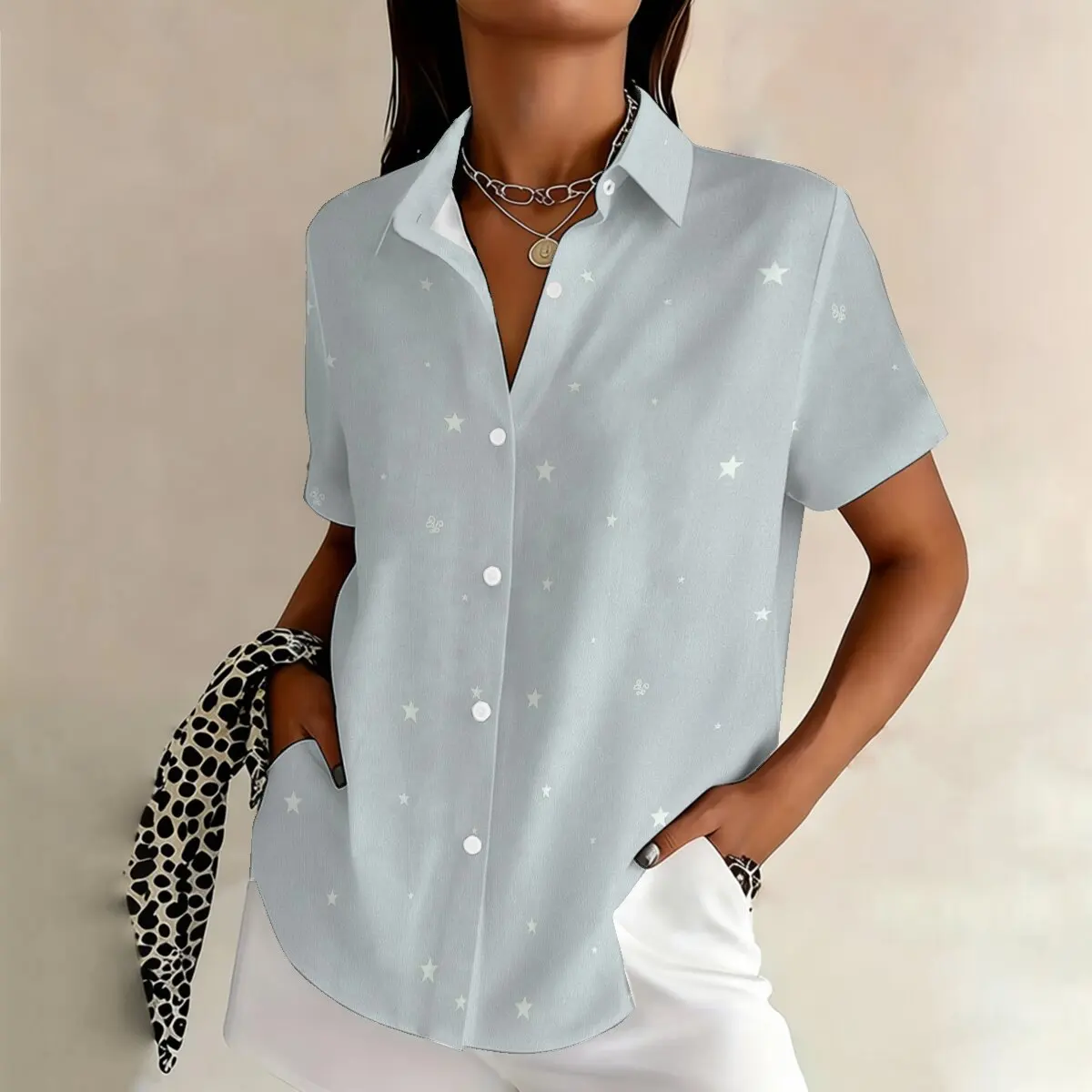 Simple and personalized star print summer women's plus size lapel short sleeved shirt fashionable daily versatile top
Simple and personalized star print summer women's plus size lapel short sleeved shirt fashionable daily versatile top