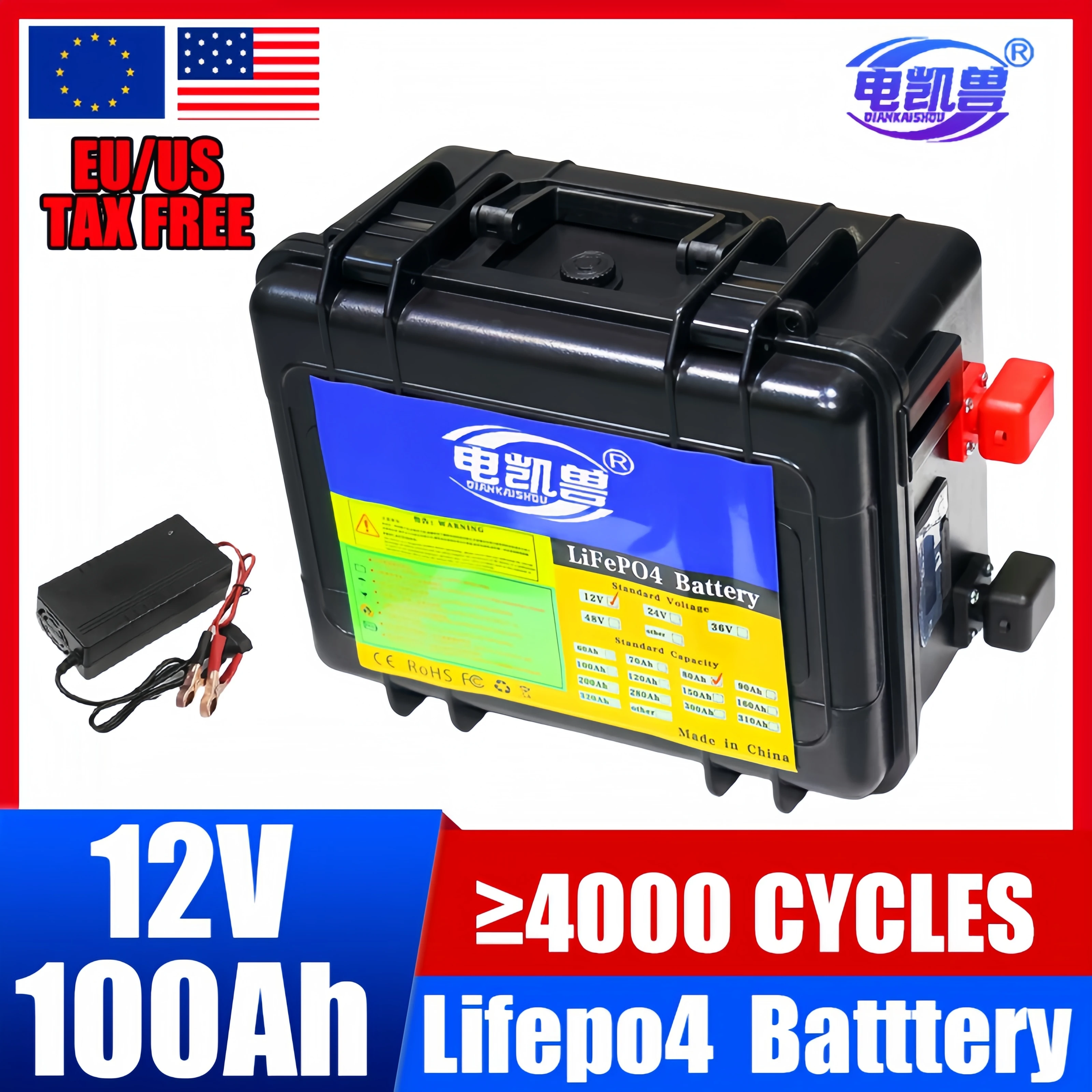 DIANKAISHOU 12v100AH 80Ah LiFePO4 Battery 12.8v Multifunctional Portable suitcase for Solar Camp Car lighter Batteries Golf cart
DIANKAISHOU 12v100AH 80Ah LiFePO4 Battery 12.8v Multifunctional Portable suitcase for Solar Camp Car lighter Batteries Golf cart