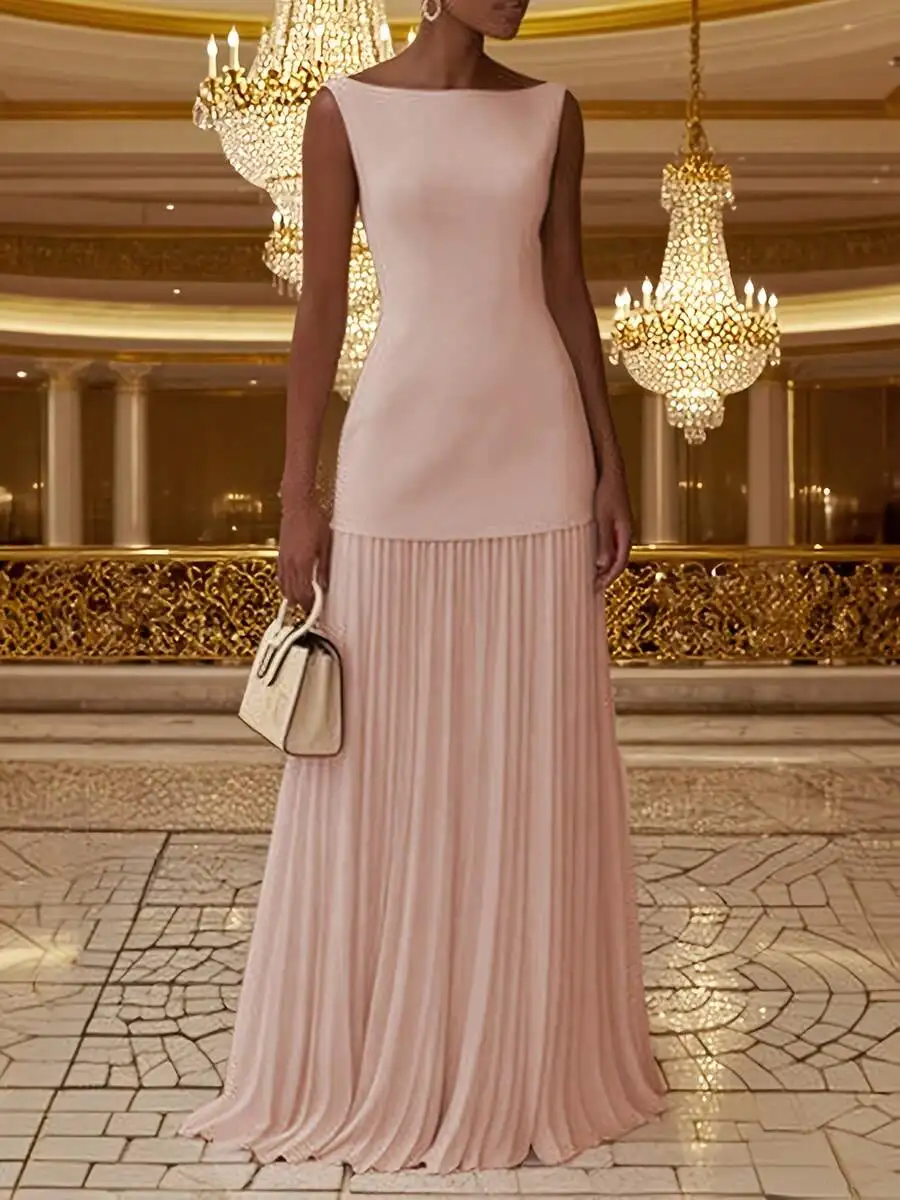 Women Solid Color Round Neck Sleeveless Pleated Floor-Length Elegant Evening Dress
Women Solid Color Round Neck Sleeveless Pleated Floor-Length Elegant Evening Dress
