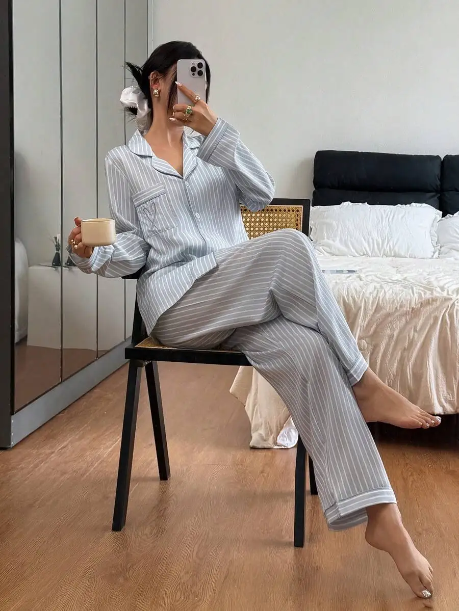 Womens Striped Pajama Set With Heart Patchwork Collar Two Piece Lounge Wear Light Blue
Womens Striped Pajama Set With Heart Patchwork Collar Two Piece Lounge Wear Light Blue