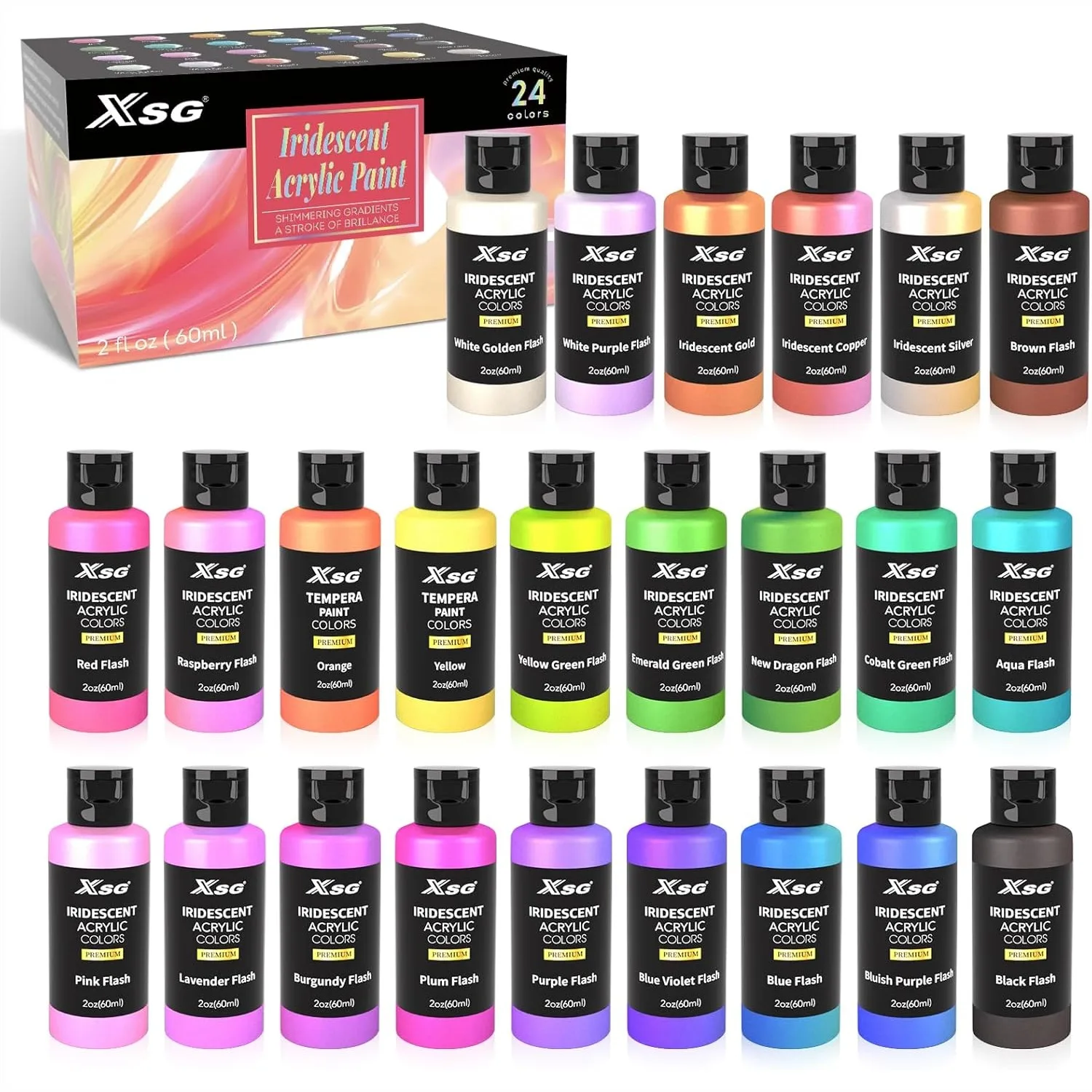 24 Iridescent Acrylic Paint 60mL for Canvas Wood Fabric Craft with Color Shift Effect
24 Iridescent Acrylic Paint 60mL for Canvas Wood Fabric Craft with Color Shift Effect