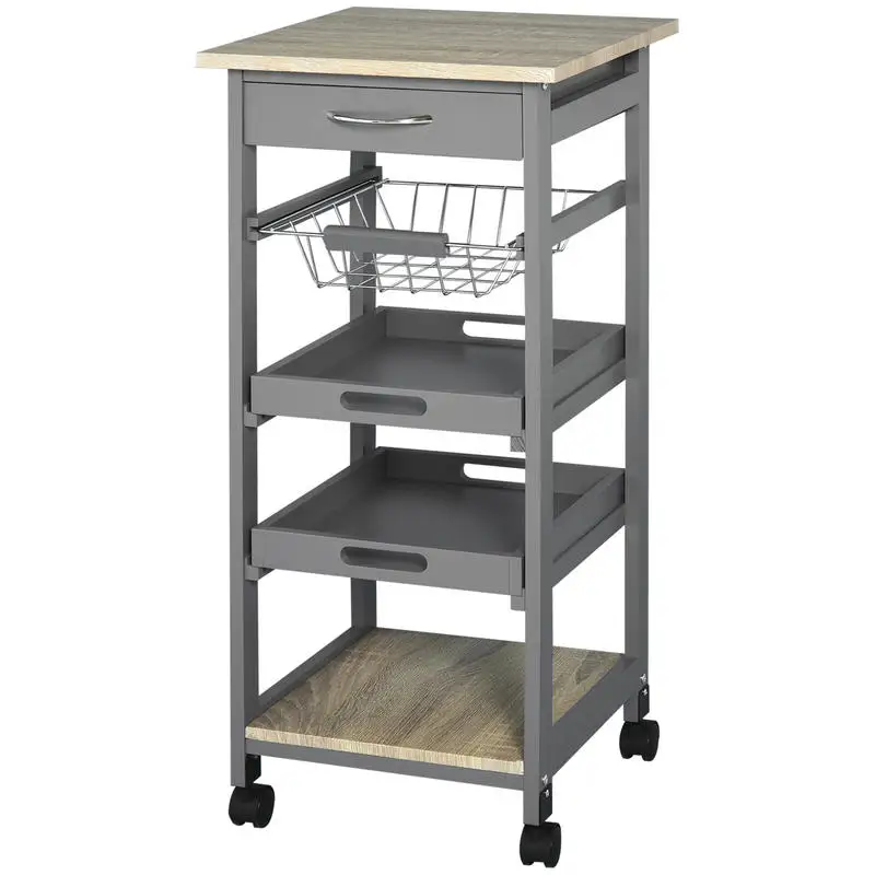 Serving trolley for kitchen island with wheels, basket + 2 removable trays, drawer, shelf made of light oak wood
Serving trolley for kitchen island with wheels, basket + 2 removable trays, drawer, shelf made of light oak wood