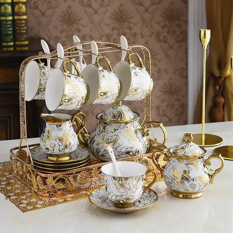 Nordic Bone China Coffee Pot Cups Saucer Sugar Bowl Set Luxury Ceramic Mug Top-grade Tea CupTea Spoon