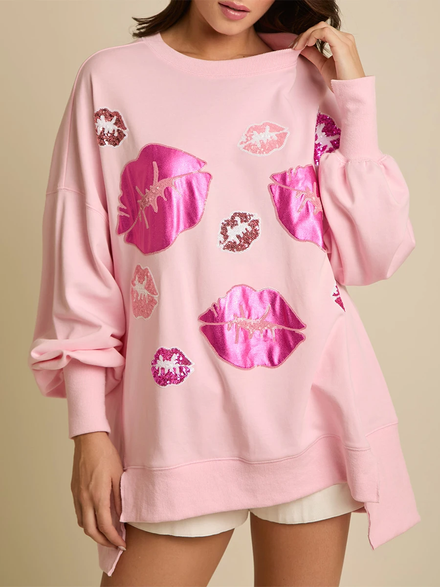 Women Trendy Loose Sweatshirts Sequin Lip Print Side Split Cute Long Sleeve Pullovers Casual Fall Tops Streetwear
Women Trendy Loose Sweatshirts Sequin Lip Print Side Split Cute Long Sleeve Pullovers Casual Fall Tops Streetwear